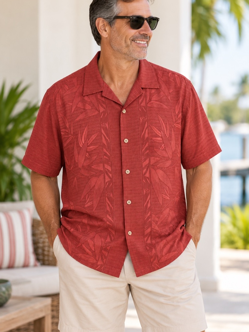 Tommy Bahama Men XL Tall Silk Shirt Red Tropical Camp Hawaiian Button Front